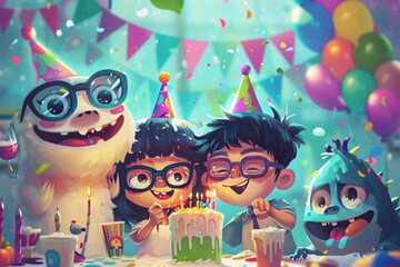 A group of children happily gather around a birthday cake, eagerly waiting to celebrate with excitement and anticipation, Adorable cartoons enjoying a flamboyant birthday bonanza, AI Generated