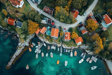 Wall Mural - This aerial photograph captures a multitude of boats sailing through the tranquil waters, Aerial view of a fishing village dotted with charming houses and boats, AI Generated