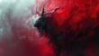 dark horned figure looms out of a blood-red haze, its silhouette both majestic and menacing against the turbulent backdrop