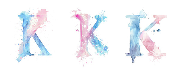 Wall Mural - Ai Generated Art Watercolor Set of Multiple Different Pastel Pink and Blue Capital K Letters On a White Background
