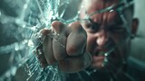 Fototapeta  - Fist breaks glass into fragments, angry man in danger. Generative AI