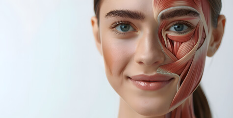 Frontal view of a smiling beautiful European woman, half of her face showing internal muscles anatomy