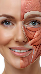 Frontal view of a smiling beautiful European woman, half of her face showing internal muscles anatomy