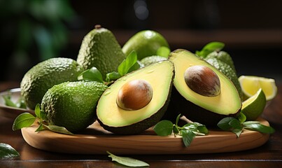 Wall Mural - Halved Avocado on Wooden Plate