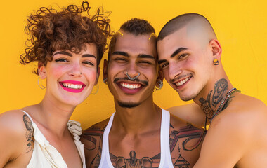 Grupo multirracial de tres jovenes posando sonrientes con ropa informal y tatuajes sobre fondo de color amarillo. Concepto colectivo lgtbiq+, dia del orgullo, dia contra la homofobia