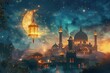 A glowing moon and glowing lantern set against a lamaic transmutation backdrop, with a shinny background and a mosque in the distance, blending spiritual elements for a serene atmosphere.