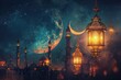 A glowing moon and a glowing lantern in a lamaic transmutation scene, set against a shinny background with a mosque in the distance, creating a spiritual and mystical atmosphere.