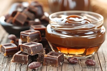 Wall Mural - Dark chocolate candies delicately arranged beside a jar of smooth caramel spread with coffee beans