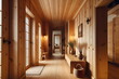 a wooden bench in the hallway of a modern home, wooden interior, elegant interior