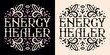 © Pictandra - Energy healer reiki practitioner healing lettering round badge logo. Spiritual girl floral quotes retro celestial black purple aesthetic. Witchy text for shirt design and poster print vector cut file.