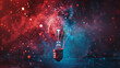 A light bulb is exploding on a blue and red background. The explosion is depicted in a way that looks like a burst of energy or a creative explosion. Concept of excitement and energy
