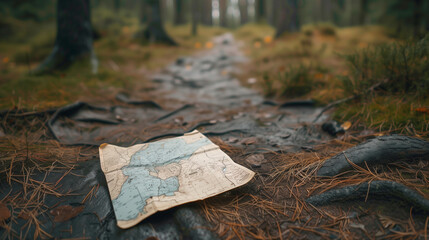 Concept of disorientation and being lost while hiking,. Scene of a forest with a map of the route lying on the ground, in the middle of a path between the trees. Blurred landscape in the background.