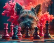 Virtual dog playing grandmaster chess, saturated colors, eyelevel shot, digital age theme , minimalist