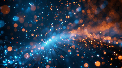 Connection, network and abstract glitter technology, online and internet structure. Telecommunication, fiber optic and signal concept for data and neon, wires and digital or future electronic server