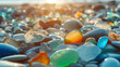 Multiple colored seaglass pieces at sunny beach