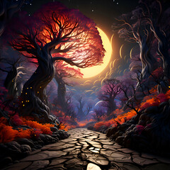 Wall Mural - Fantasy landscape with dark forest and full moon. 3d render