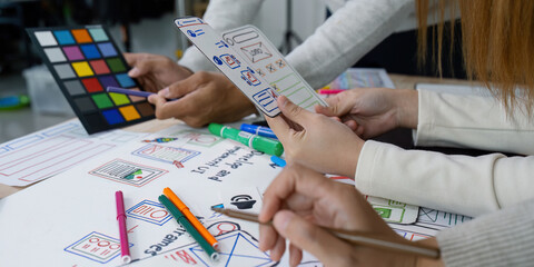 Wall Mural - ux developer and ui designer brainstorming interface wireframe design. creative digital development 
