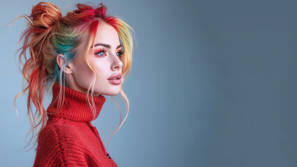 Sticker - Rainbow hair woman in red turtleneck sweater, fashion beauty and cosmetic