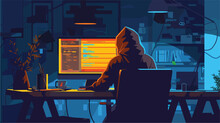 A Mysterious Hacker Thief Sits At A Computer