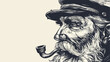 Man captain with white beard and pipe engraving style