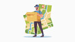 Man with cardboard box map destination fast delivery