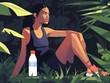 Illustration of a woman sitting in nature with a water bottle by her side.