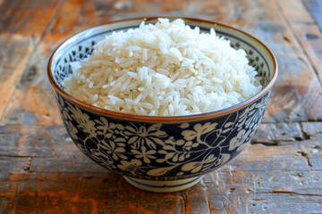 Wall Mural - A bowl of white rice is sitting on a wooden table