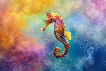 A colorful fish with a long tail is swimming in a colorful ocean