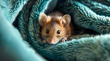 A Small Brown Mouse Is Sitting On A Blue Blanket