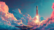 A rocket is launching into the sky, surrounded by a beautiful, colorful sky