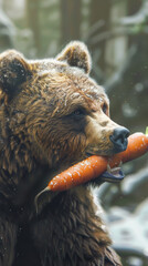 Wall Mural - A bear is holding a carrot in its mouth