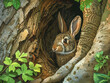 A rabbit is peeking out of a hole in a tree