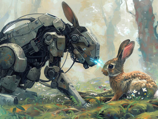 Wall Mural - A robot and a rabbit are in a forest