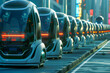 A row of futuristic vehicles are lined up on a street