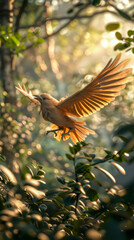 Wall Mural - A bird with its wings spread out is flying through a forest