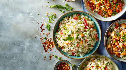 Wall Mural - A variety of rice dishes are displayed on a table, including one with broccoli