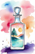 Perfume bottle with beautiful landscape in it, creative art, watercolor illustration, fragrance, sence