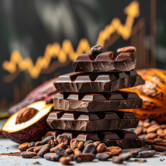 Wall Mural - Cocoa beans, delicious pieces of chocolate bars, grains against the background of a stock chart showing rising prices. Rise in cocoa prices in the world