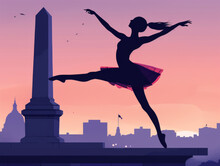 Silhouette Of A Ballerina Dancing In A Cityscape At Dusk, With An Obelisk And Birds In The Background.