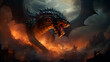 3d rendering of a dragon with fire and smoke on background.