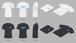 Black and white mockup t-shirts realistic vector illustration set. Casual clothes with brand design template 3d objects on grey background