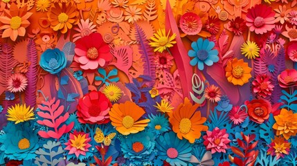 Wall Mural - colorful flowers style papel picado, perforated paper, pecked paper background, 16:9