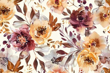 Wall Mural - Elegant Watercolor Floral Pattern with Flowers and Leaves on Beige Background for Seamless Design