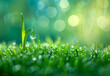 Fresh grass with dew drops close up in the morning on nature background