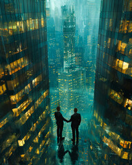 Wall Mural - Two businessmen standing in dark building looking at the city at night