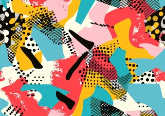 Wall Mural - A vibrant and colorful pattern painted on a bright white background with bright different color paints with black blue and yellow with pink abstracted on the background wallpaper