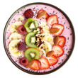 A smoothie bowl, artistically topped with slices of fruit and nuts, representing a drinkable meal of health and vitality, isolated on transparent background