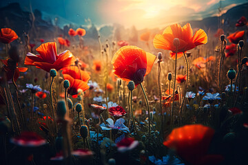 Wall Mural - a field of flowers with a single red flower in the middle.