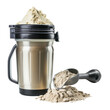 A scoop of whey protein powder, next to a shaker bottle, catering to fitness and muscle building, isolated on transparent background.