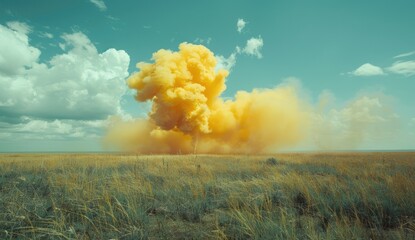 Wall Mural - a yellow cloud flying in the sky covered with smoke in a clear blue cyan sky above a rice brown field of agriculture in the morning
